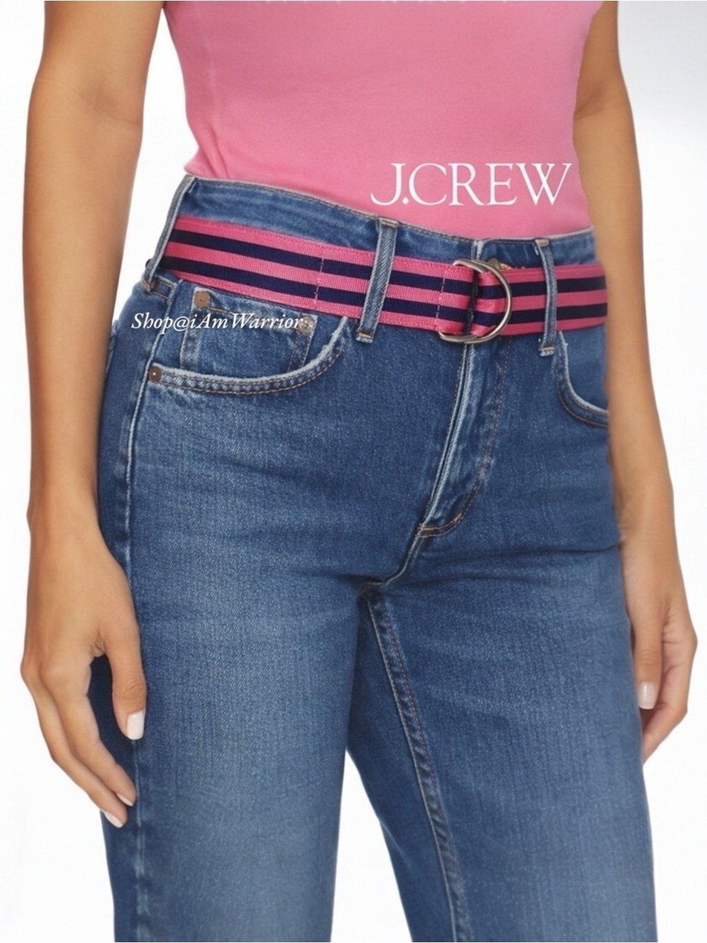 J.Crew pink & navy blue striped ribbon d-ring adjustable belt *Shop@iAmWarrior